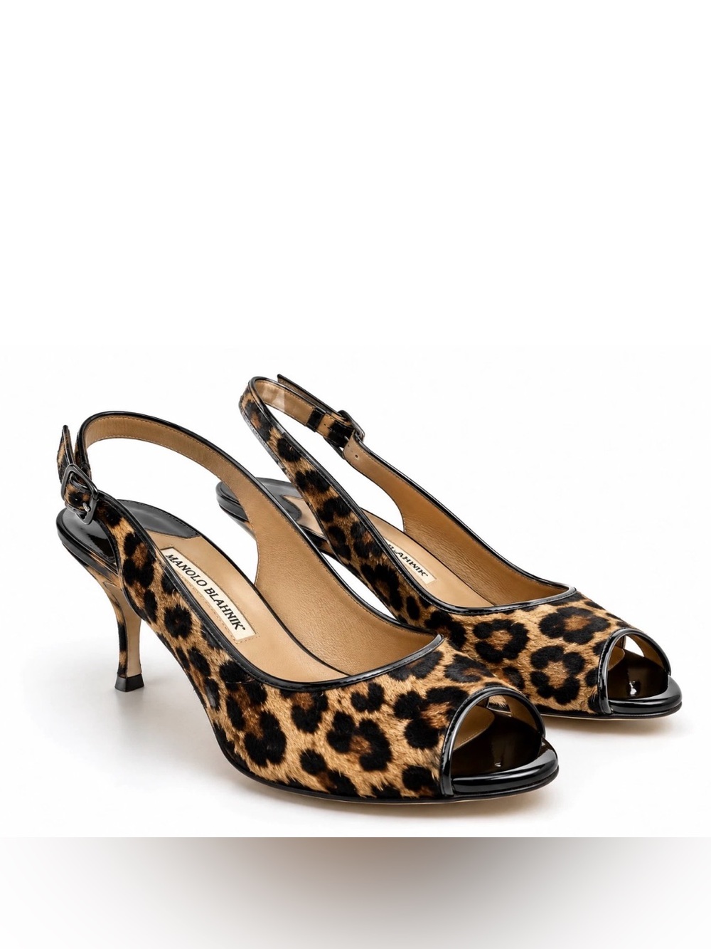 Manolo Blahnik Leopard Print Slingback Peep-Toe Pumps 6.5